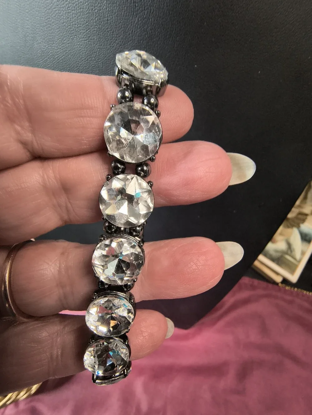 Statement Clear Glass Rhinestone Stretch Bracelet Gunmetal Sparkle